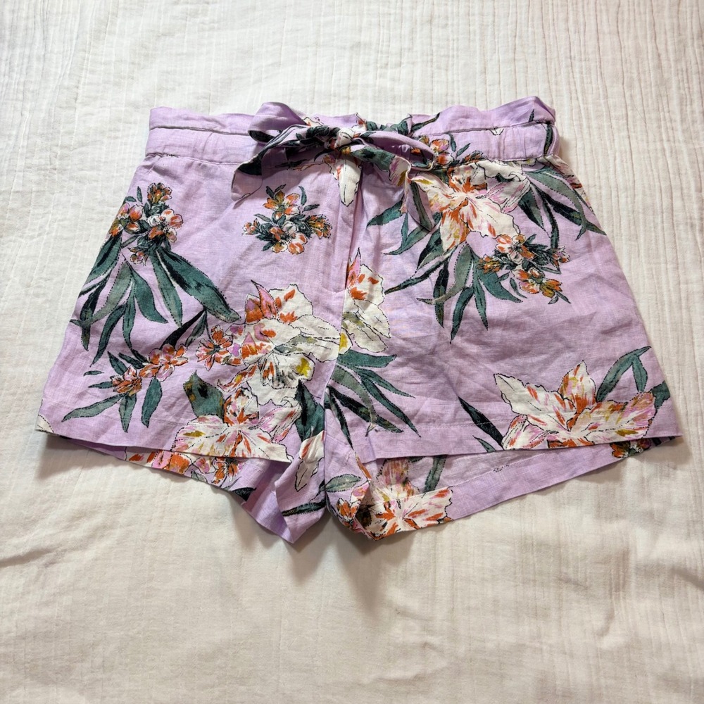 Guess Los Angeles Floral Linen Paperbag Shorts Purple W81D42R7E01 Womens L